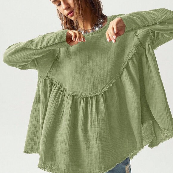 Green boho Women's Vacation Woven Loose Long Sleeve Shirt top - Picture 5 of 8